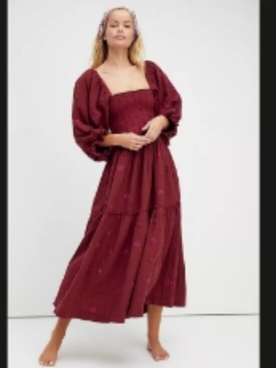 Free People Dresses & Skirts - Free People Dahlia Embroidered Maroon Dress Gauzy Smocked Puff Sleeves sz lg